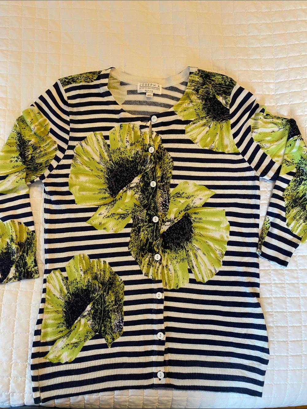 Joseph A Navy and Lime Striped Button-Down Floral Cardigan
